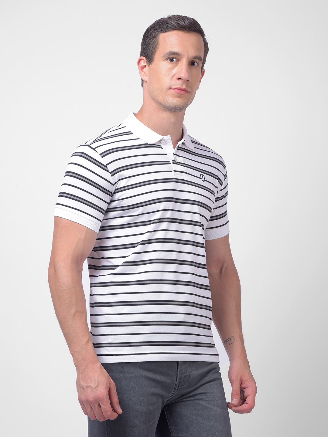 Numero Uno Men White & Black Striped Polo Neck T-Shirt